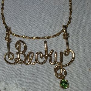 Gold Tone Wire Personalized Necklace with Peridot Birthstone
